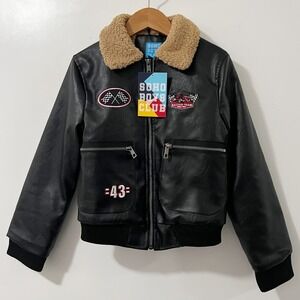 Soho Boys Club Kids Black Faux Leather Sherpa Lined Racing Bomber Jacket‎ 8/10 S